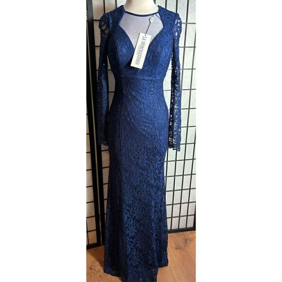 LA Merchandises Navy Sequin Deep V-neck Formal Dress - Picture 1 of 8